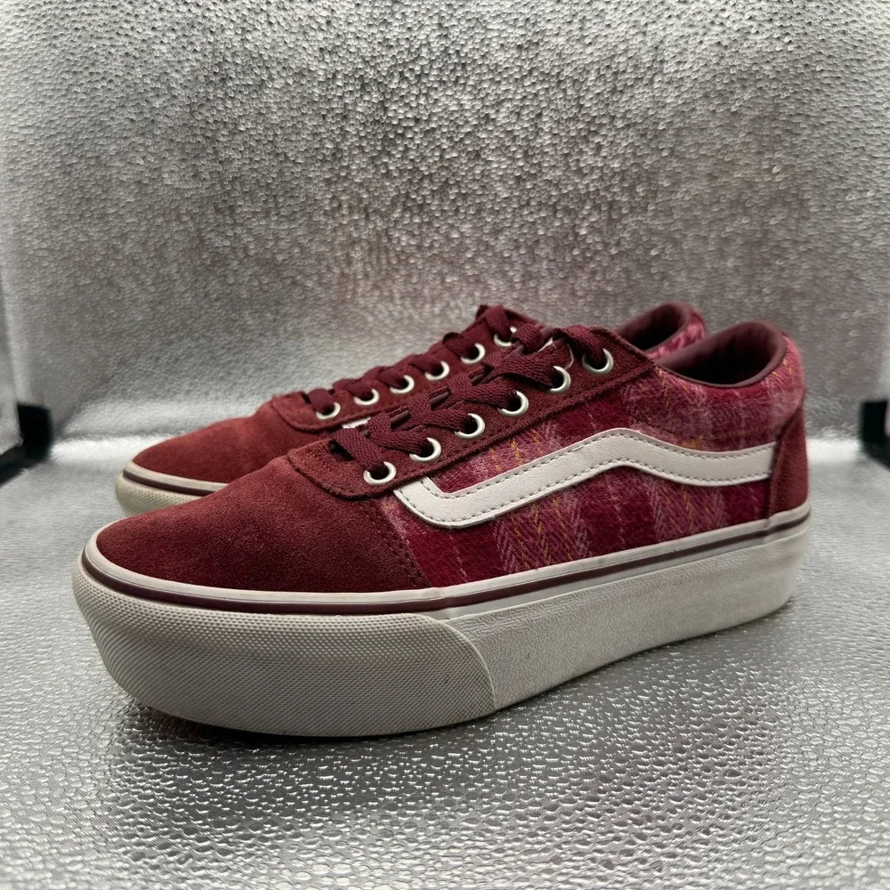 Size 7 Vans Ward Platform Plaid Mix Port Burgundy Suede Womens Sneakers 721356